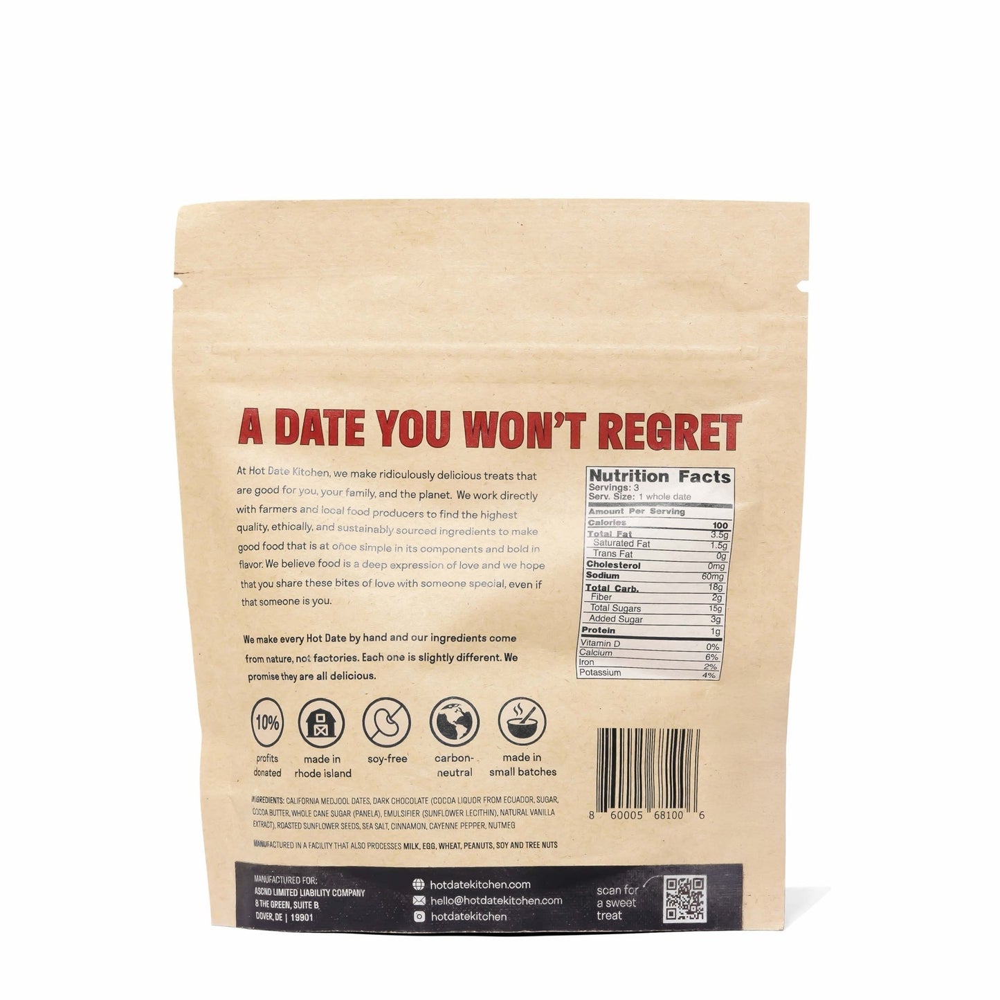 Chocolate Covered California Medjool Date: filled with spiced sunflower butter (3 per pouch) - Hot Date Kitchen