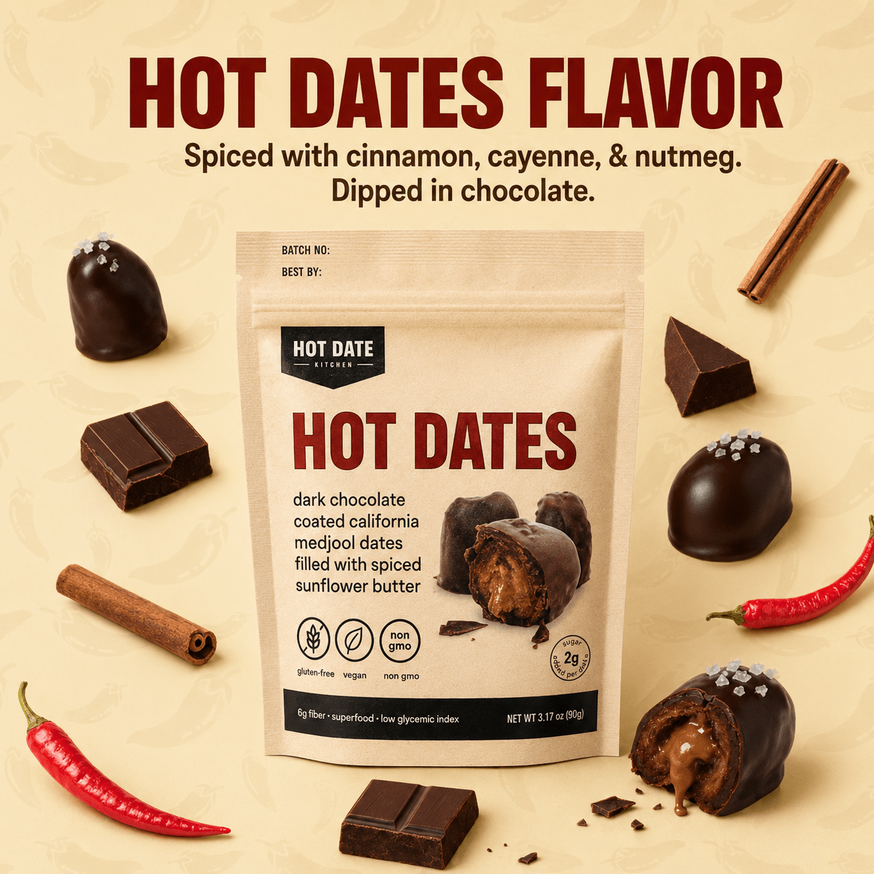 Chocolate Covered California Medjool Date: filled with spiced sunflower butter - Hot Date Kitchen