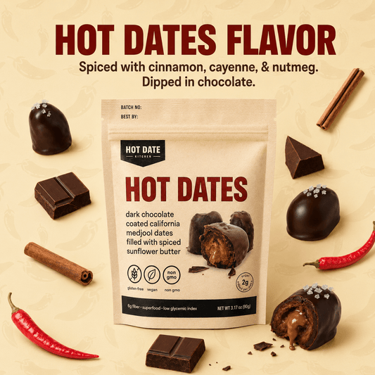 Chocolate Covered California Medjool Date: filled with spiced sunflower butter - Hot Date Kitchen