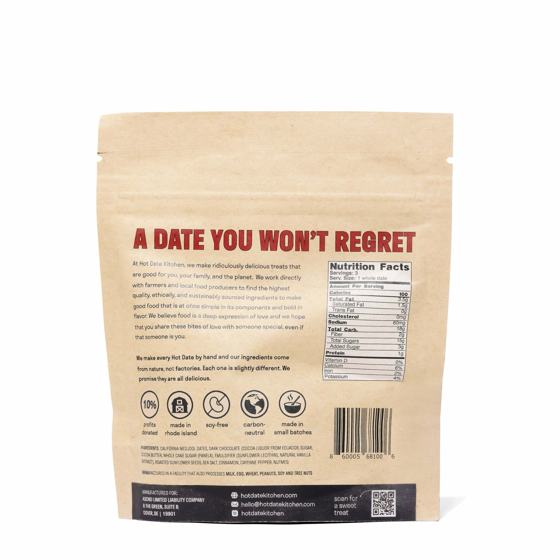 Chocolate Covered California Medjool Date: filled with spiced sunflower butter (3 per pouch) - Hot Date Kitchen