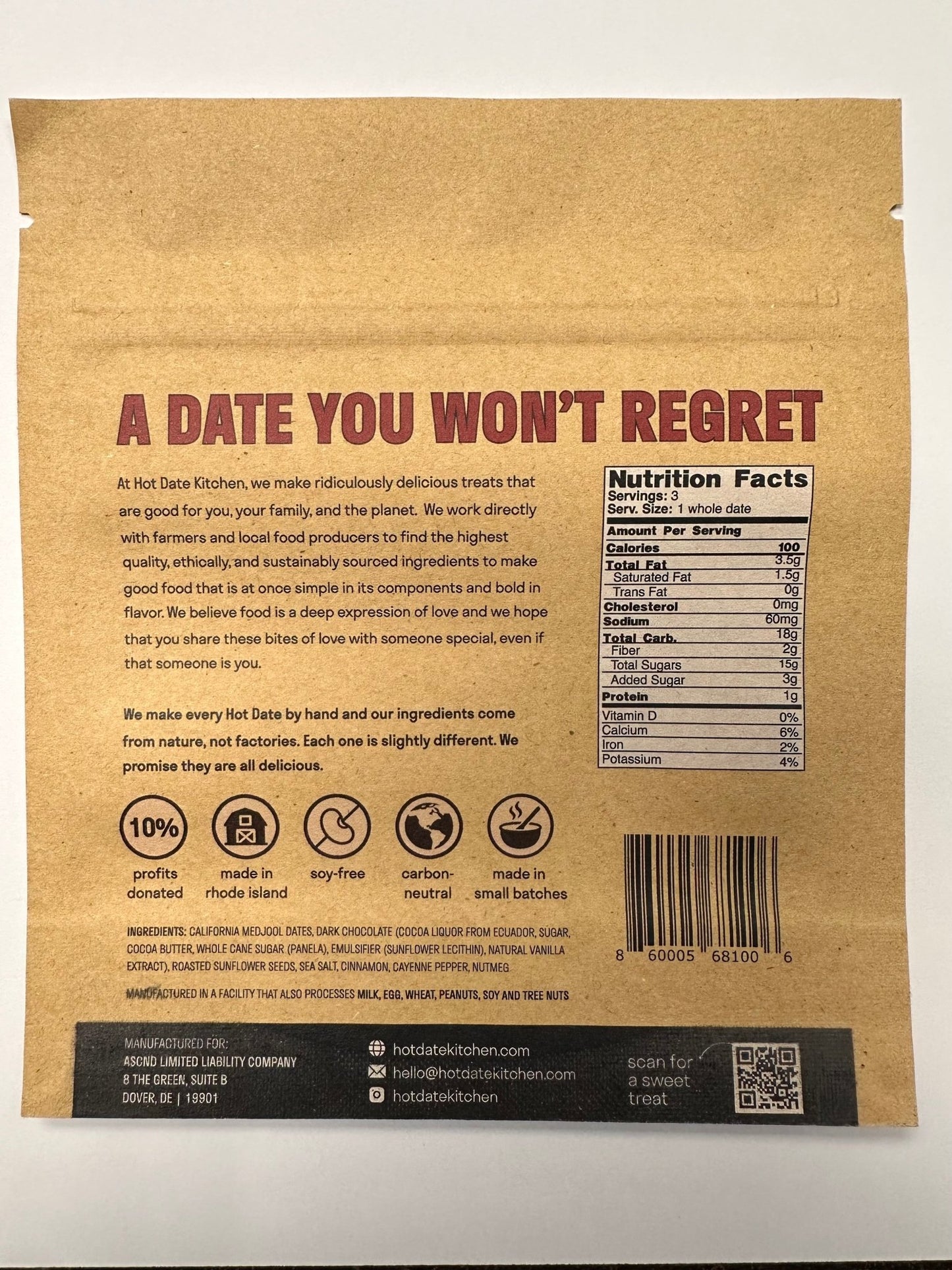 Chocolate Covered California Medjool Date: filled with spiced sunflower butter (3 per pouch) - Hot Date Kitchen