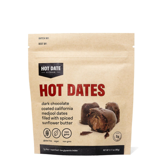 Chocolate Covered California Medjool Date: filled with spiced sunflower butter (3 per pouch) - Hot Date Kitchen