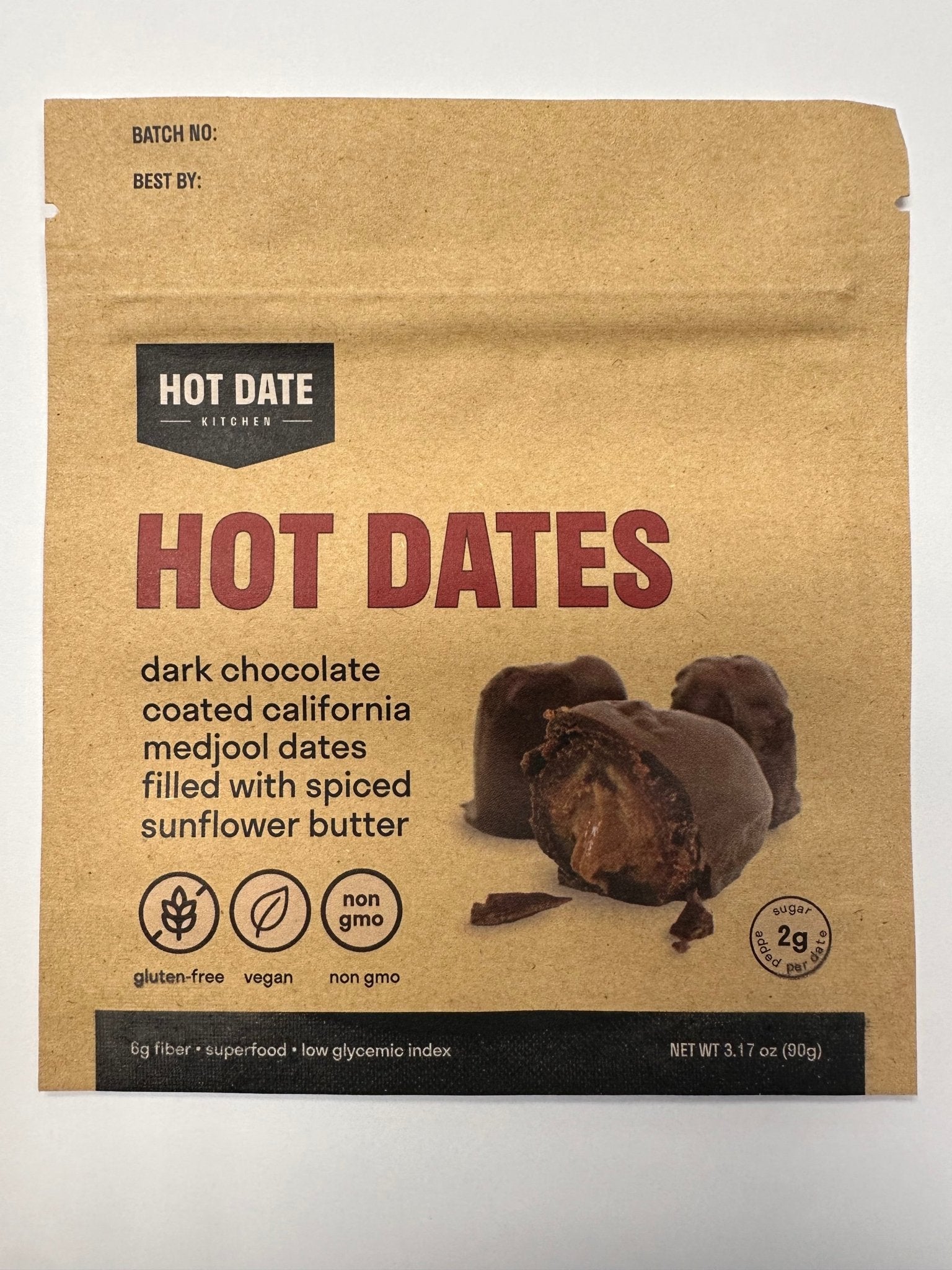 Chocolate Covered California Medjool Date: filled with spiced sunflower butter (3 per pouch) - Hot Date Kitchen