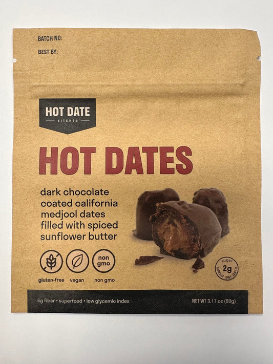 Chocolate Covered California Medjool Date: filled with spiced sunflower butter (3 per pouch) - Hot Date Kitchen