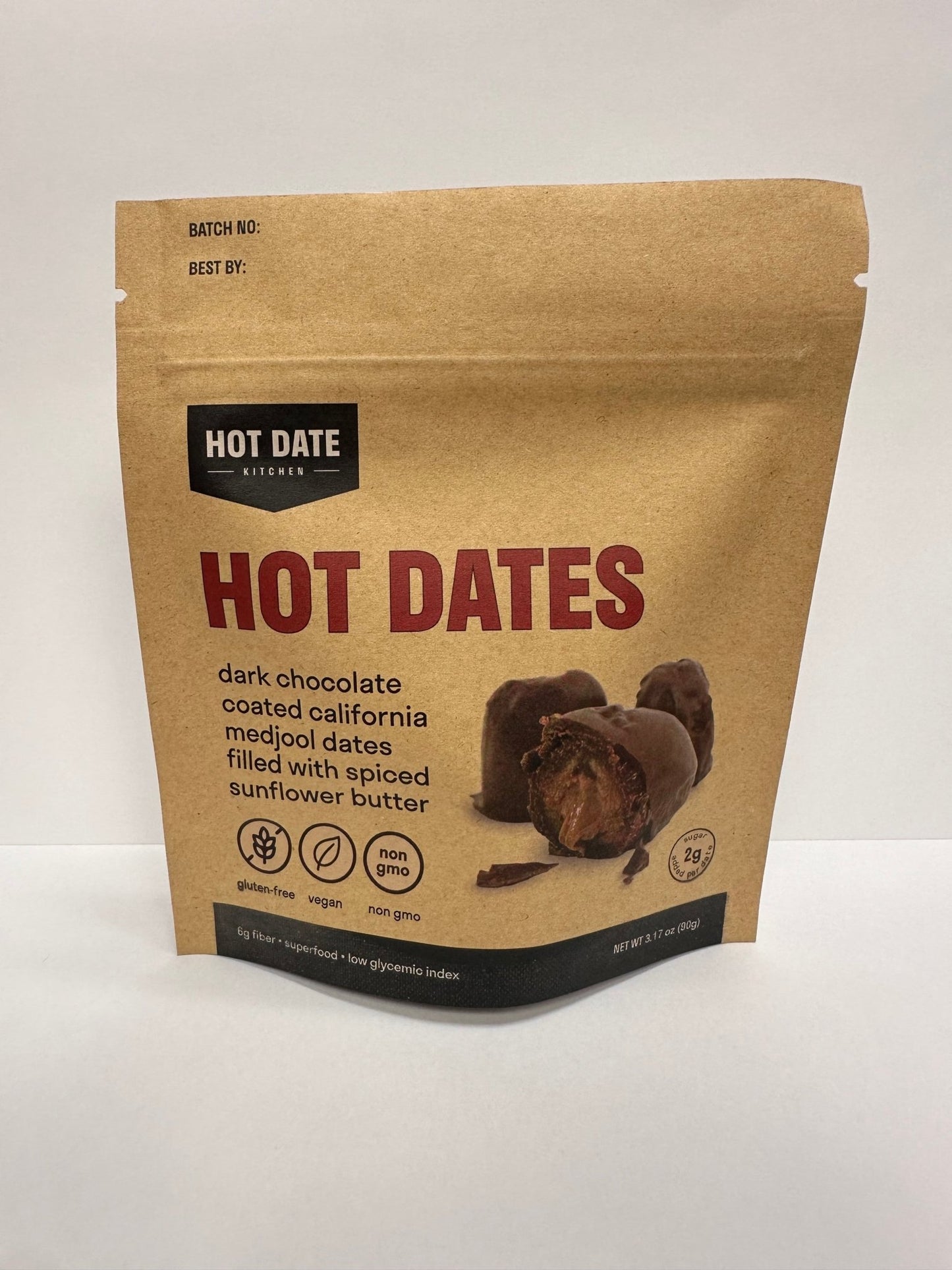 Chocolate Covered California Medjool Date: filled with spiced sunflower butter (3 per pouch) - Hot Date Kitchen
