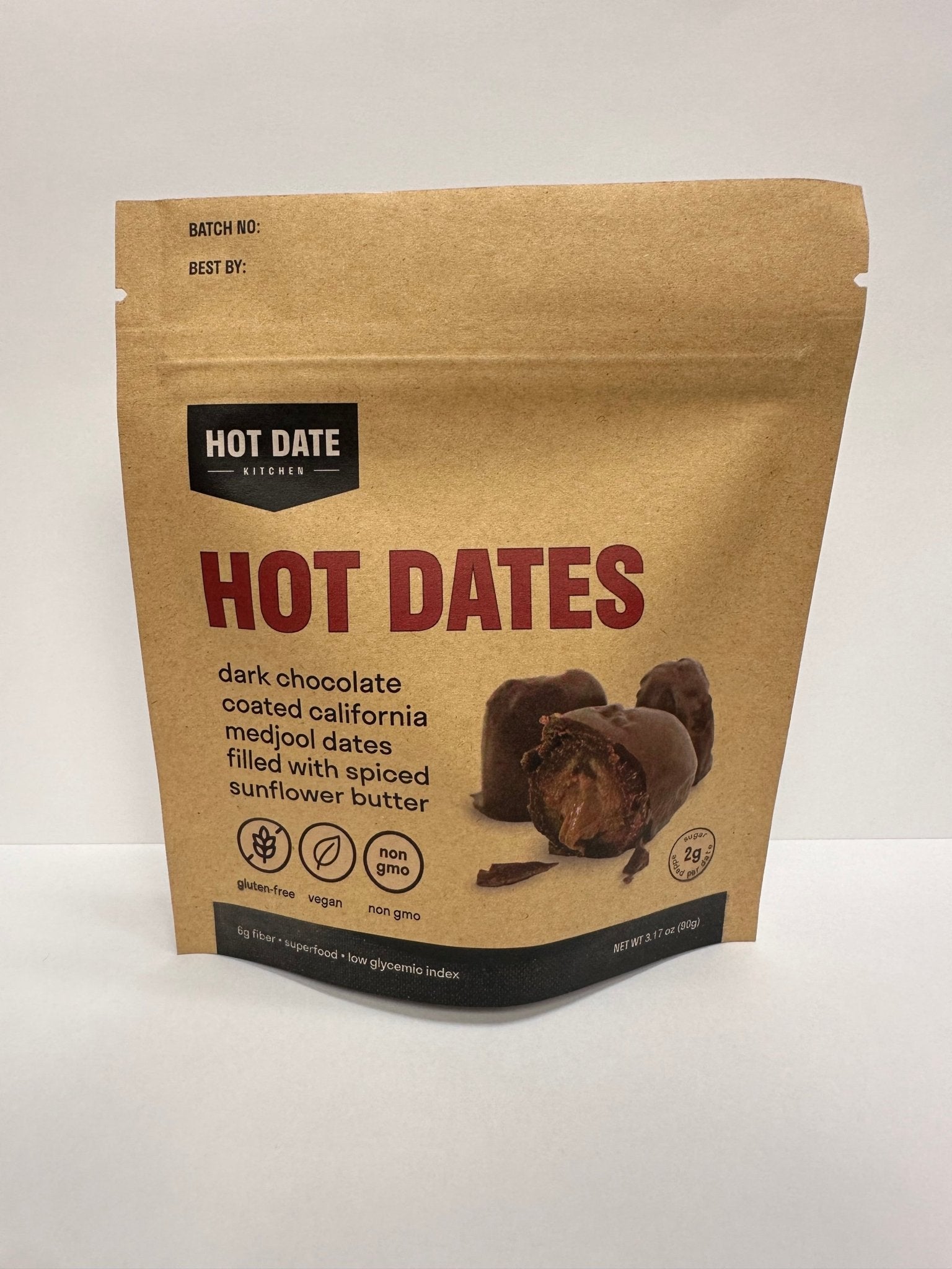 Chocolate Covered California Medjool Date: filled with spiced sunflower butter (3 per pouch) - Hot Date Kitchen