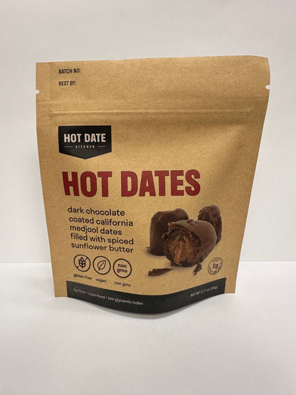 Chocolate Covered California Medjool Date: filled with spiced sunflower butter (3 per pouch) - Hot Date Kitchen