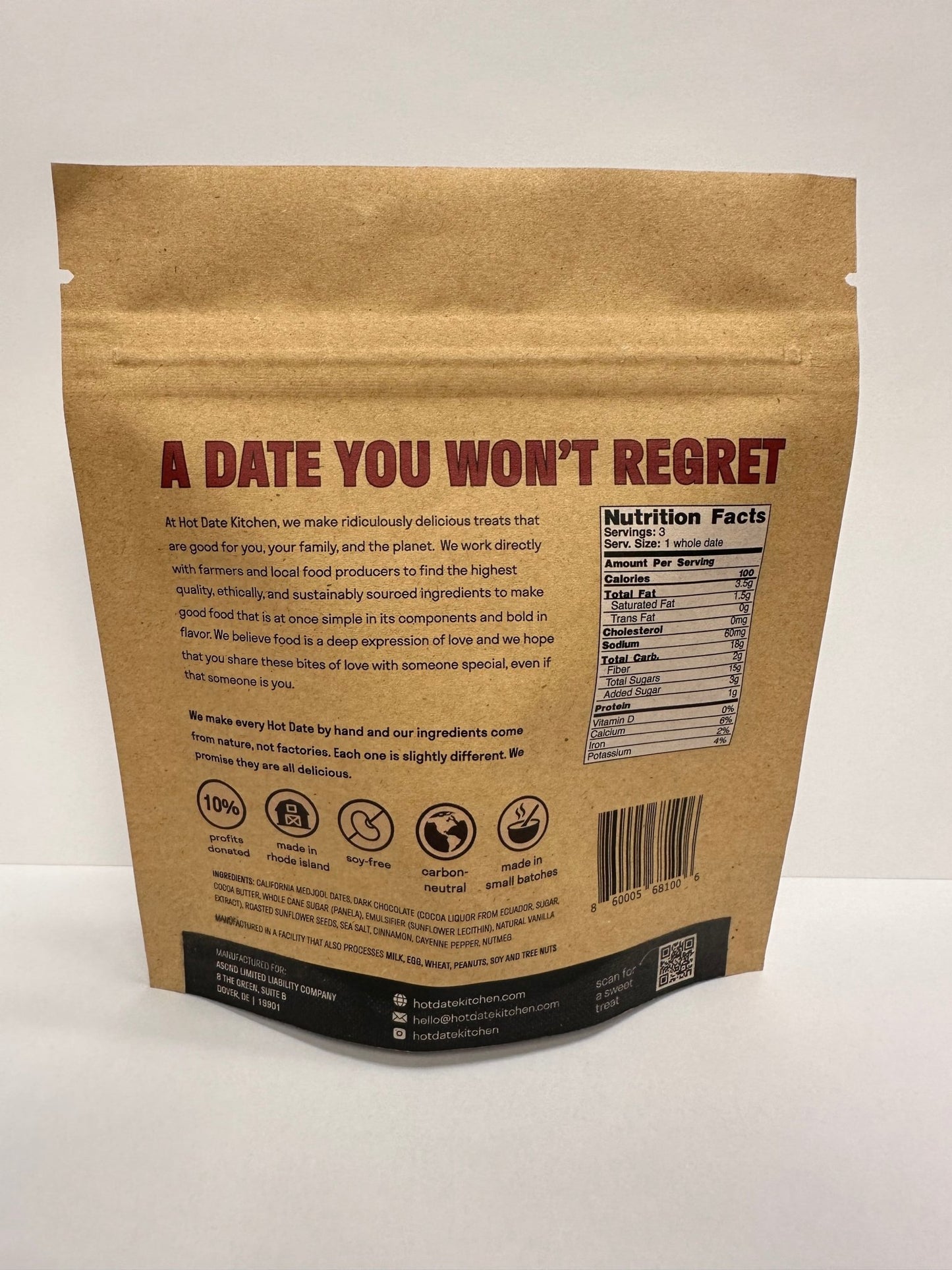 Chocolate Covered California Medjool Date: filled with spiced sunflower butter (3 per pouch) - Hot Date Kitchen