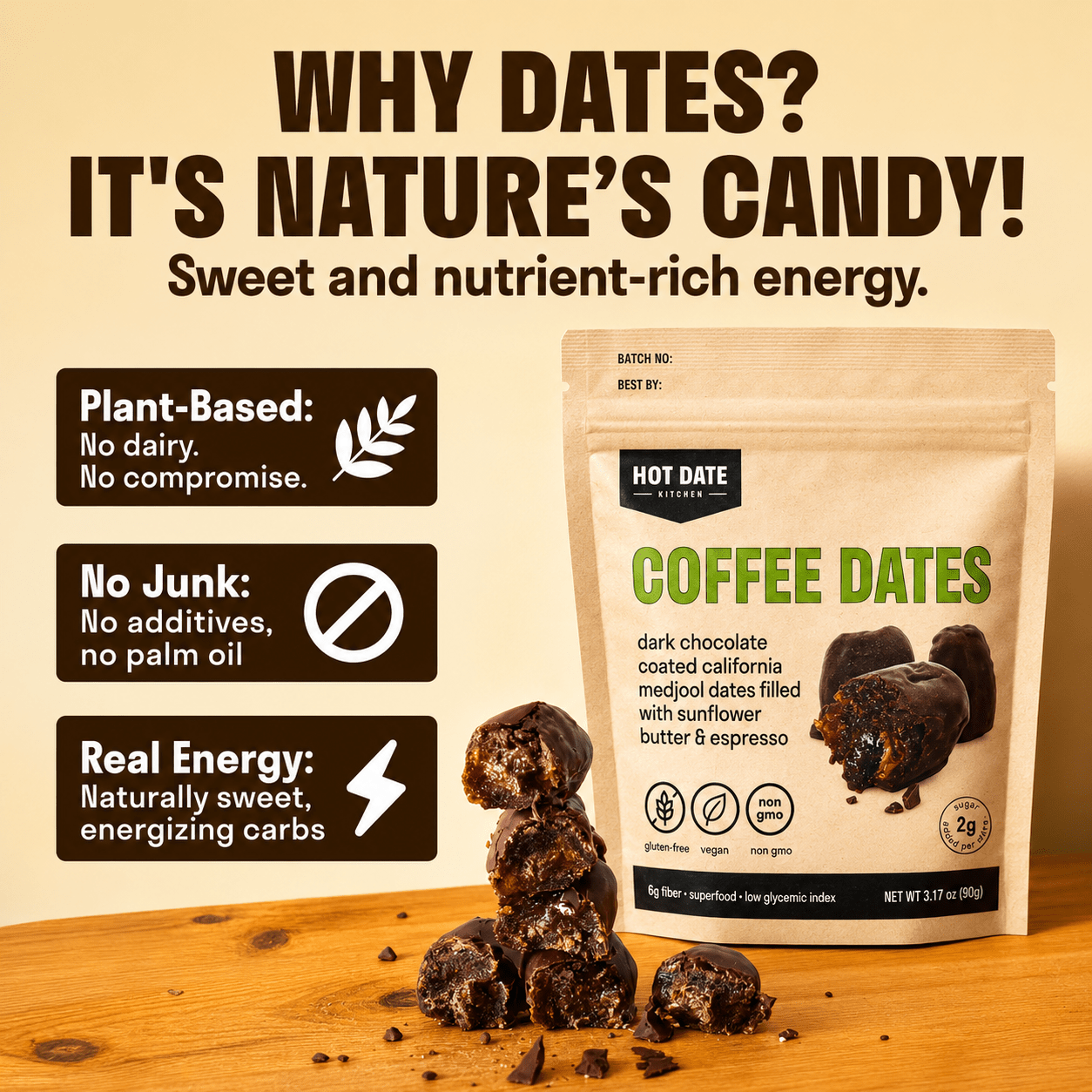 Chocolate Covered California Medjool Date: filled with spiced sunflower butter - Hot Date Kitchen
