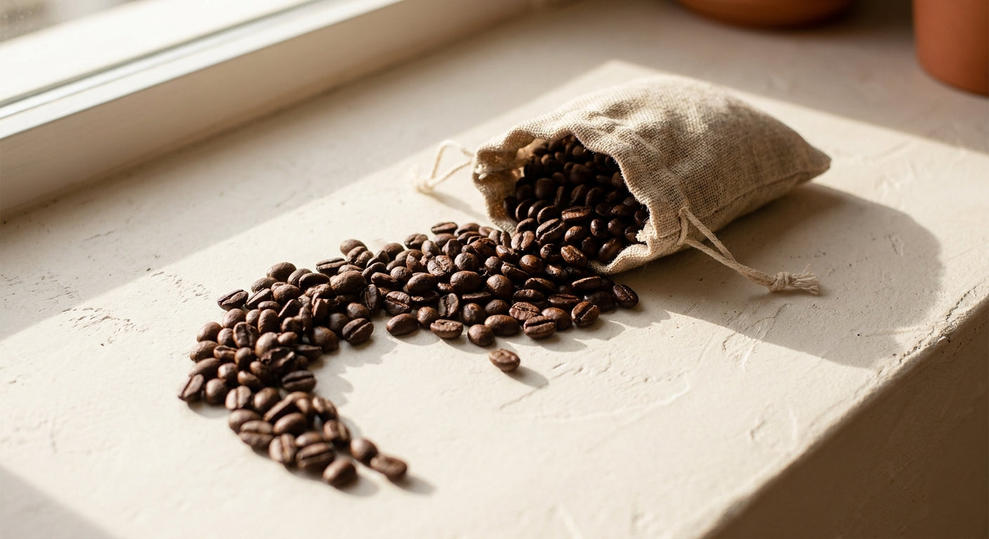 Roasted espresso beans spilling from a plain linen sack onto a warm plaster surface