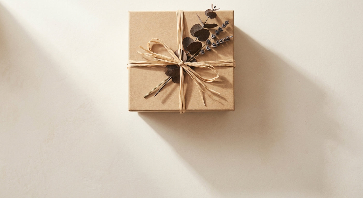 A Hot Date Kitchen gift box tied with twine on a pale plaster surface