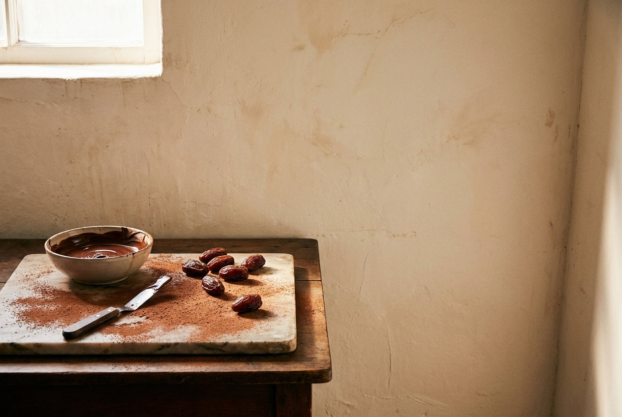 A marble slab dusted with cocoa on a wooden workbench, holding a bowl of tempered dark chocolate, an offset spatula and whole Medjool dates, against a warm plaster wall.
