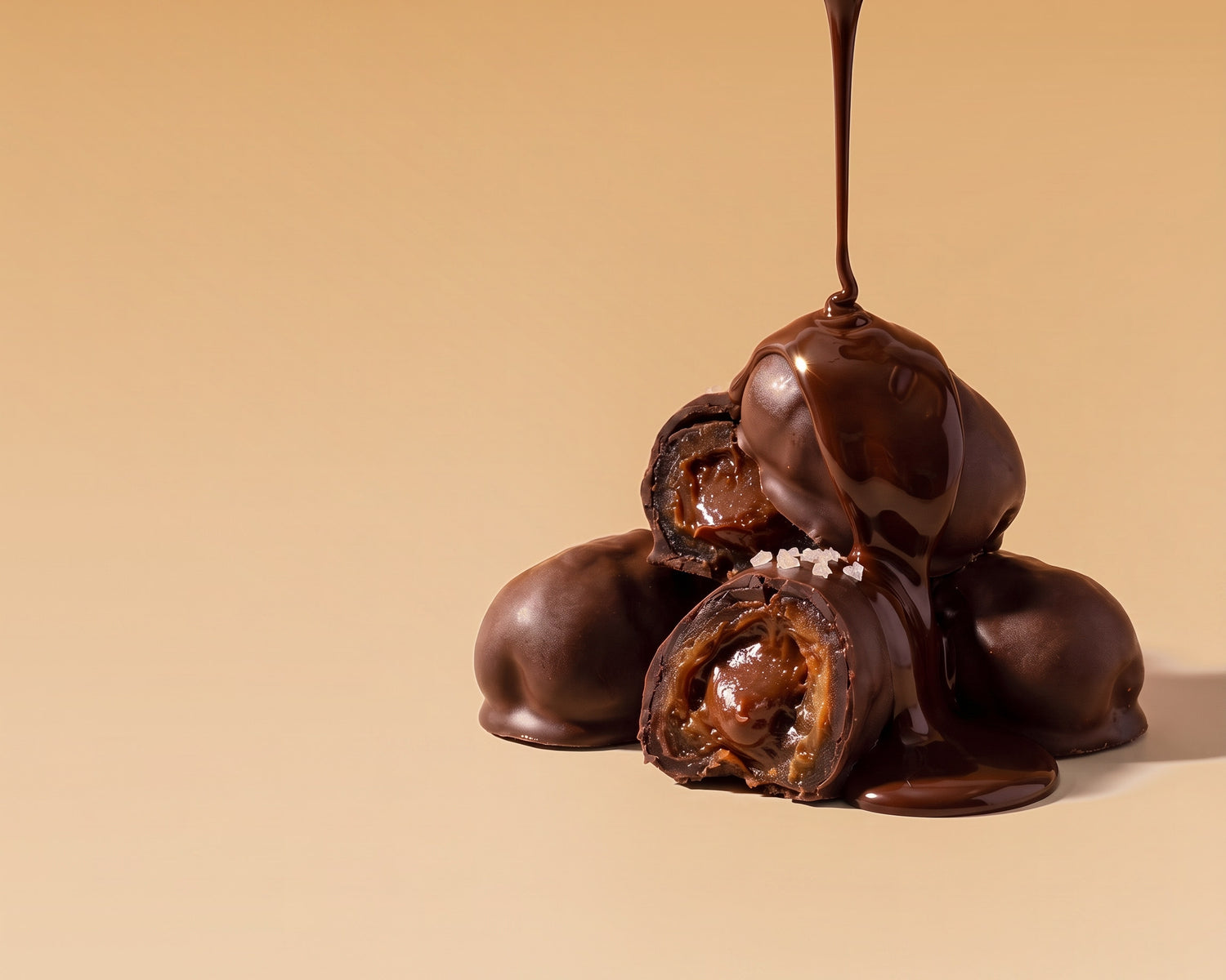 Melted dark chocolate pouring over a stack of chocolate covered Medjool dates, two of them split open to show the spiced sunflower butter filling and flakes of sea salt