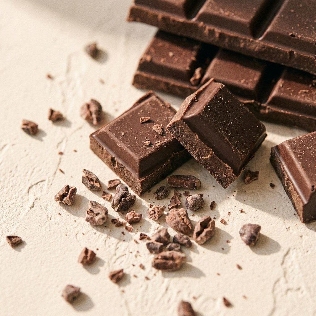 Close macro of broken single origin dark chocolate chunks and scattered cacao nibs on a warm plaster surface