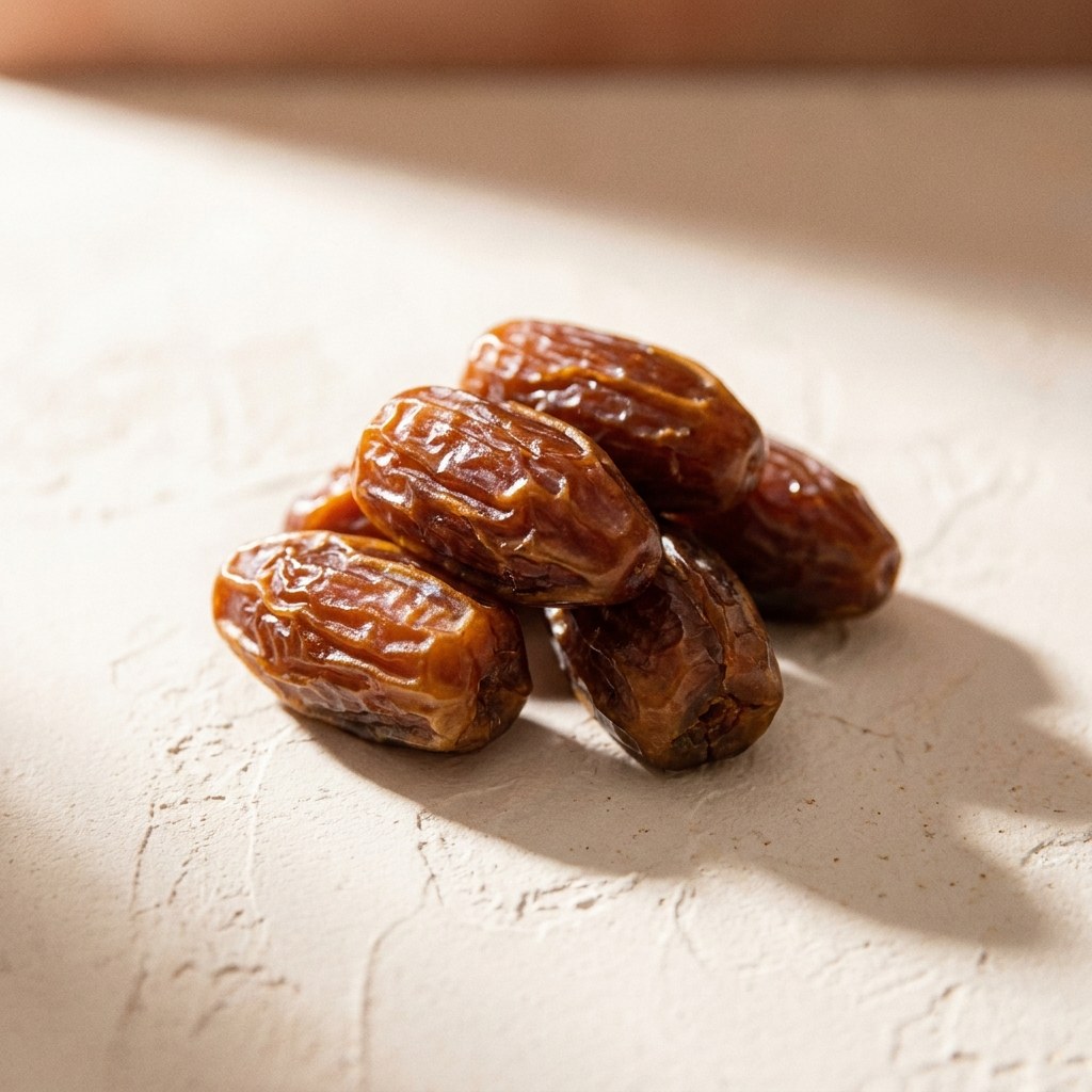 Close macro of whole Medjool dates on a warm plaster surface, showing their wrinkled amber brown skin