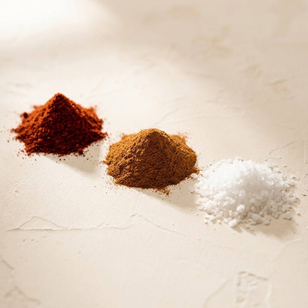 Close macro of three loose piles of ground chilli, ground cinnamon and flaked sea salt on a warm plaster surface