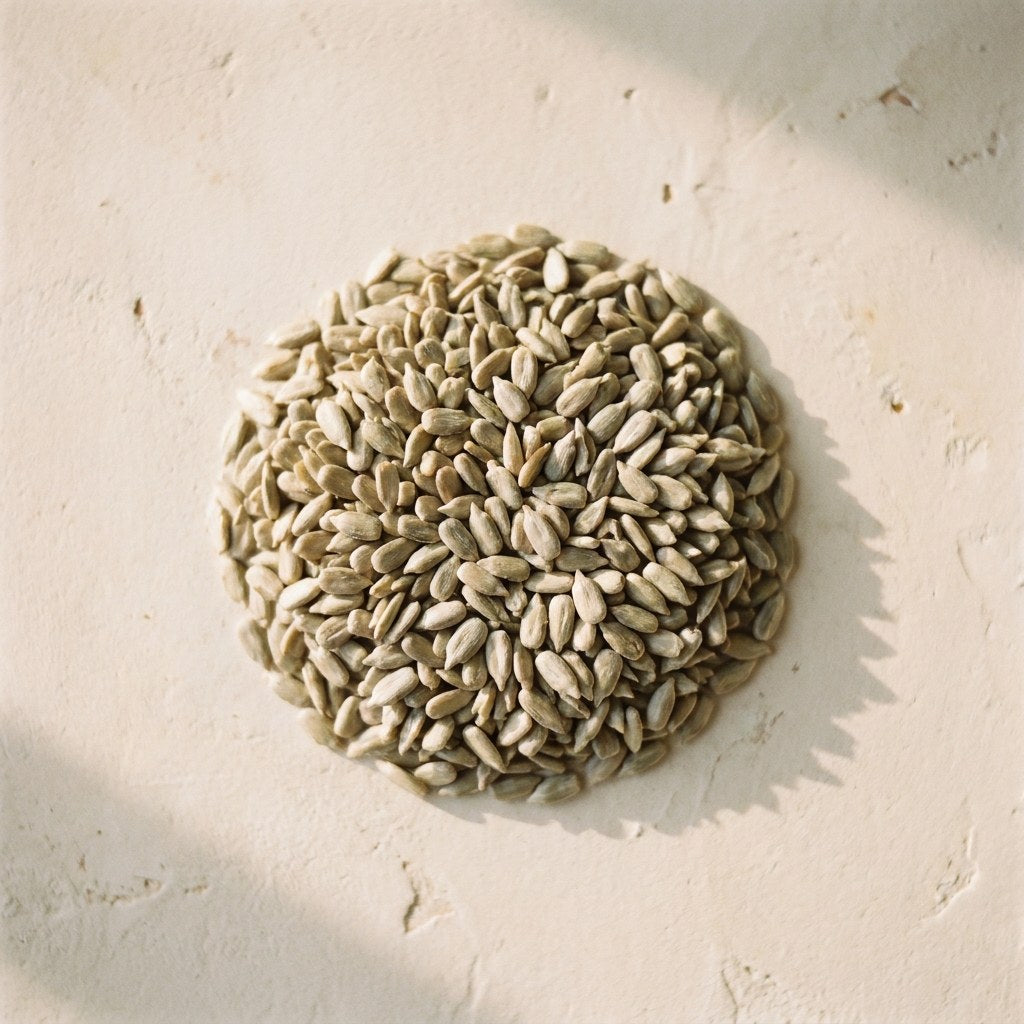 Overhead macro of a loose pile of raw hulled sunflower seeds on a warm plaster surface